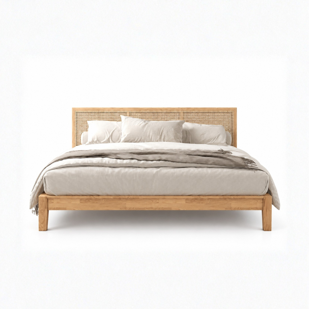 Vama Solid Wood Bed with Rattan Headboard