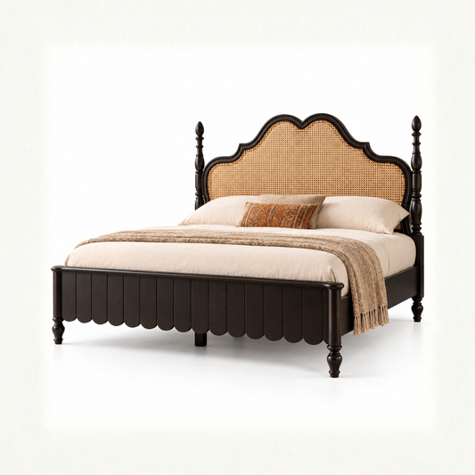 MEHRAN Solid Wood Bed with Rattan Headboard