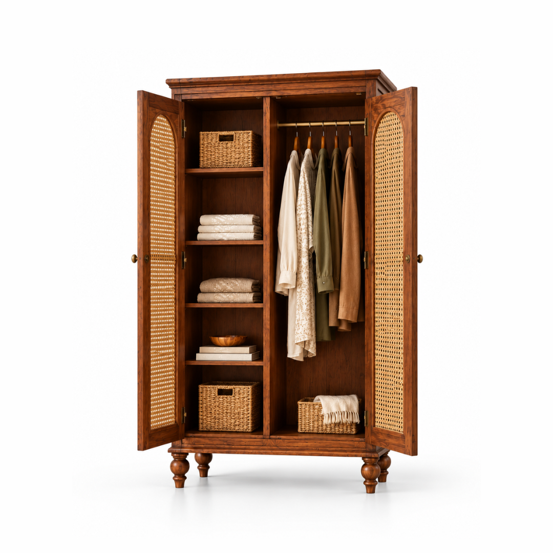 MEHRAN Solid Wood Rattan Wardrobe
