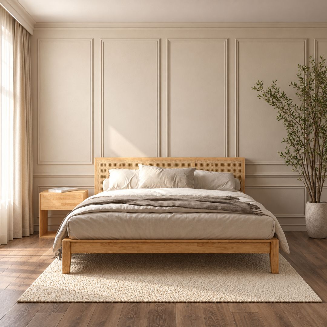 Vama Solid Wood Bed with Rattan Headboard