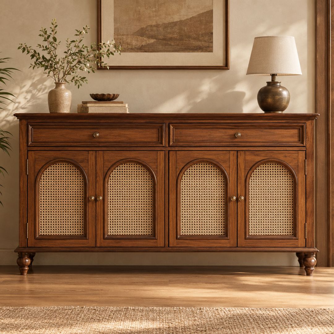 MEHRAN Solid Wood Rattan Sideboard