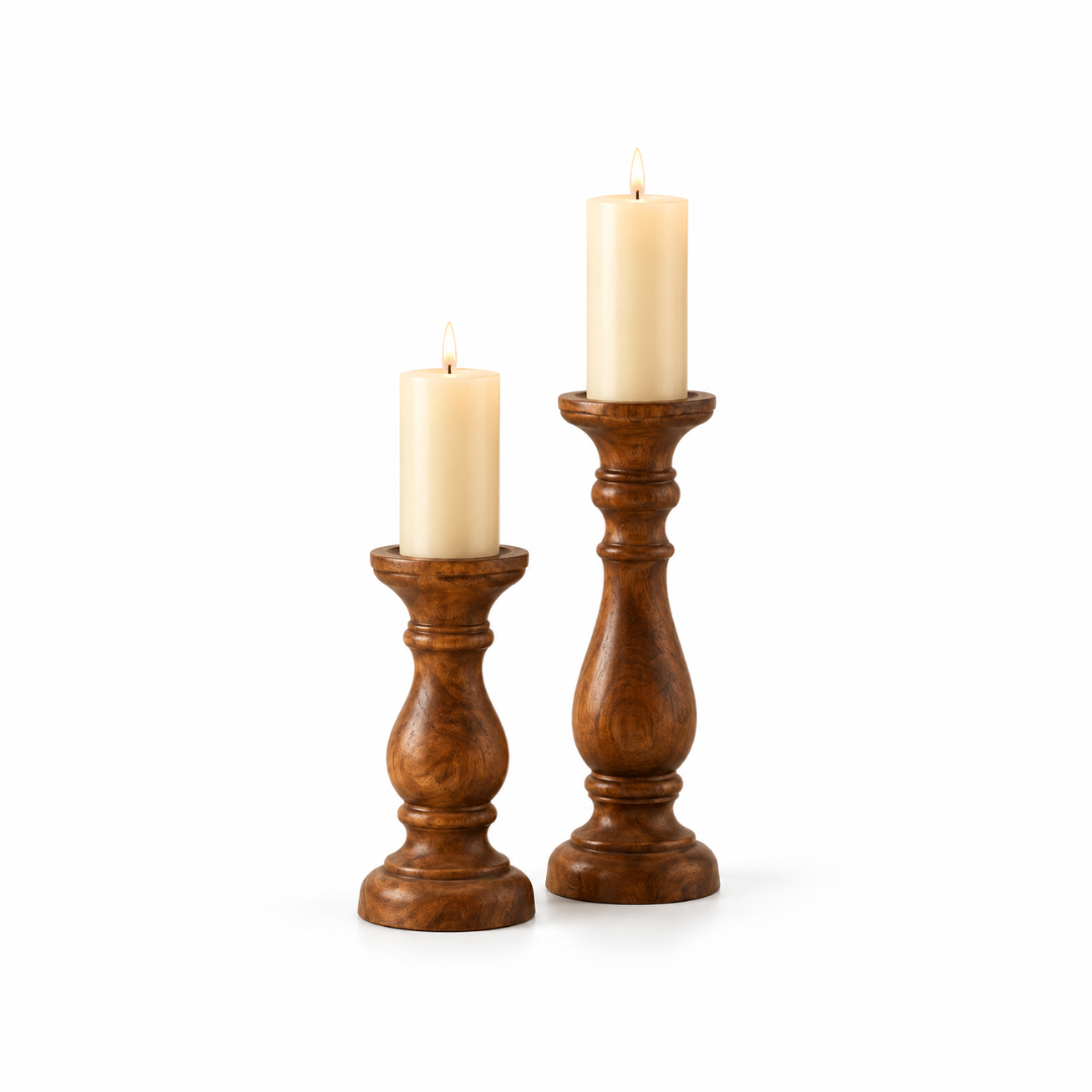 Rustic Solid Wood Candle Stand Set of 2