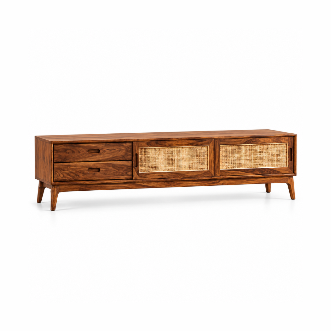Brenzo Rattan Solid Wood TV Console | Wooden TV Unit