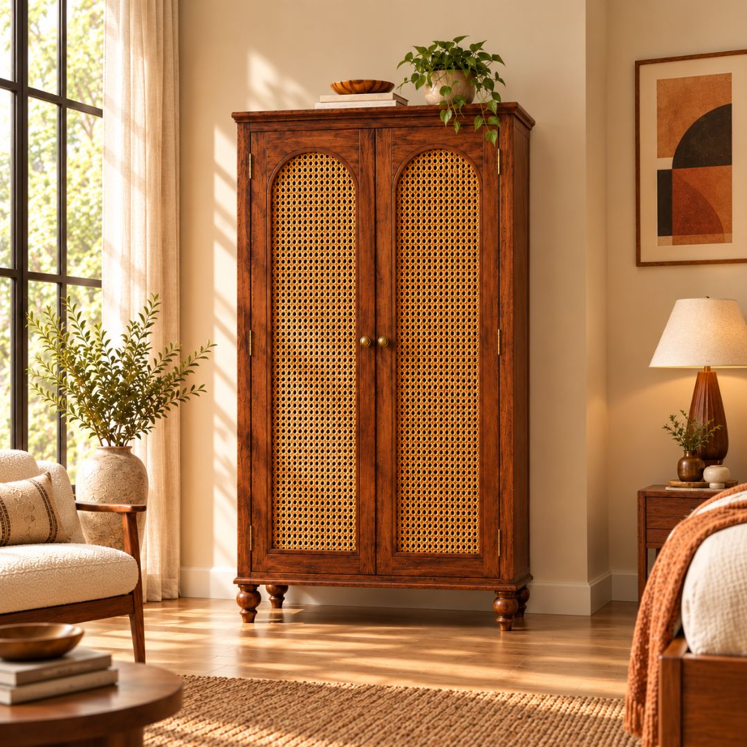 MEHRAN Solid Wood Rattan Wardrobe