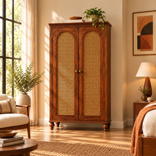 MEHRAN Solid Wood Rattan Wardrobe