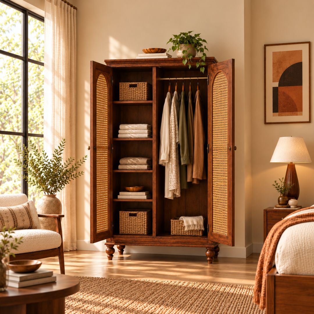 MEHRAN Solid Wood Rattan Wardrobe