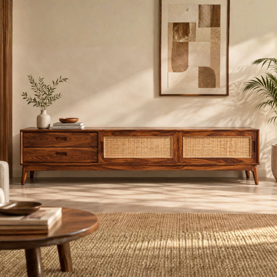 Brenzo Rattan Solid Wood TV Console | Wooden TV Unit