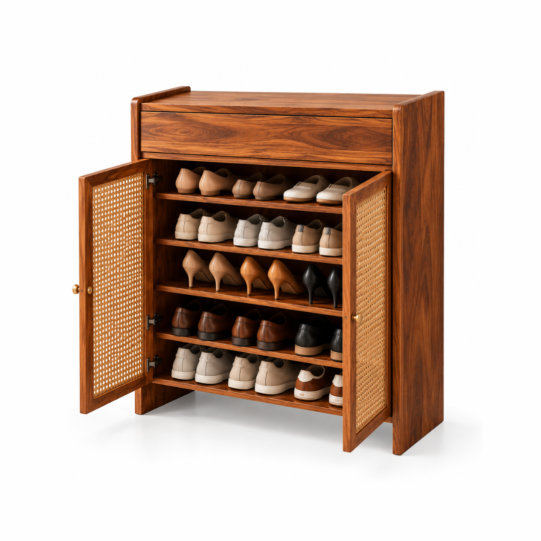 Hygieia Cane Shoe Cabinet | Solid Wood Rattan Shoe Rack