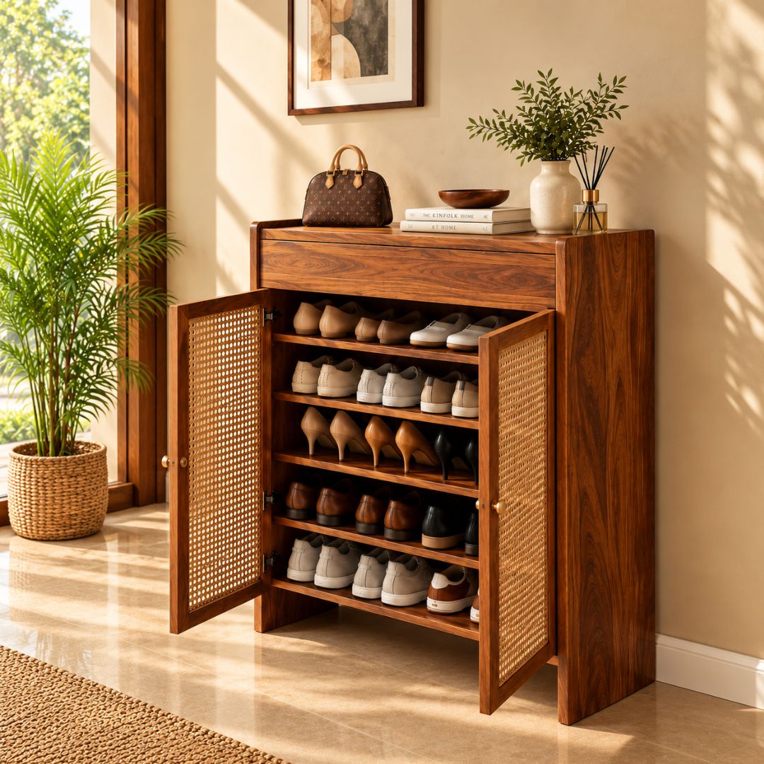 Shou Rak Hygieia Cane Shoe Cabinet | Solid Wood Rattan Shoe Rack – MARWARI CRAFT