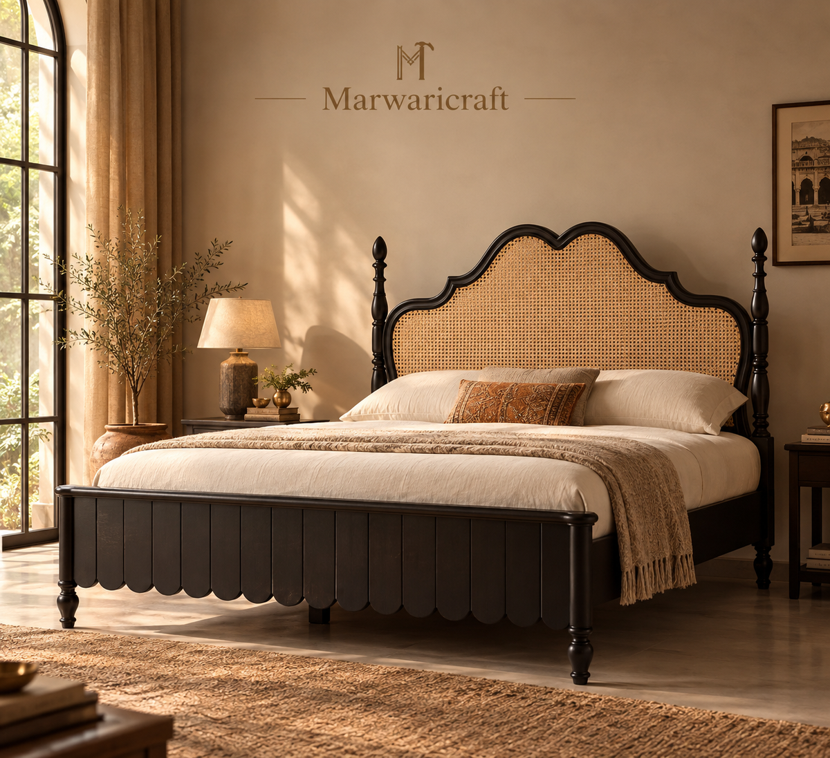 MEHRAN Solid Wood Bed with Rattan Headboard