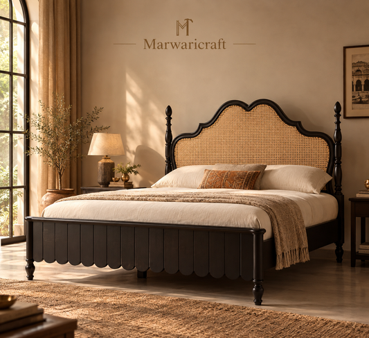 MEHRAN Solid Wood Bed with Rattan Headboard