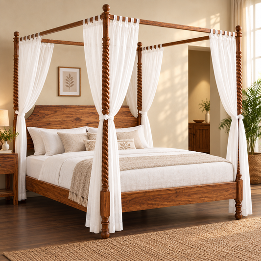 Ostara Solid Wood Canopy Bed | Queen Size Wooden Four Poster Bed